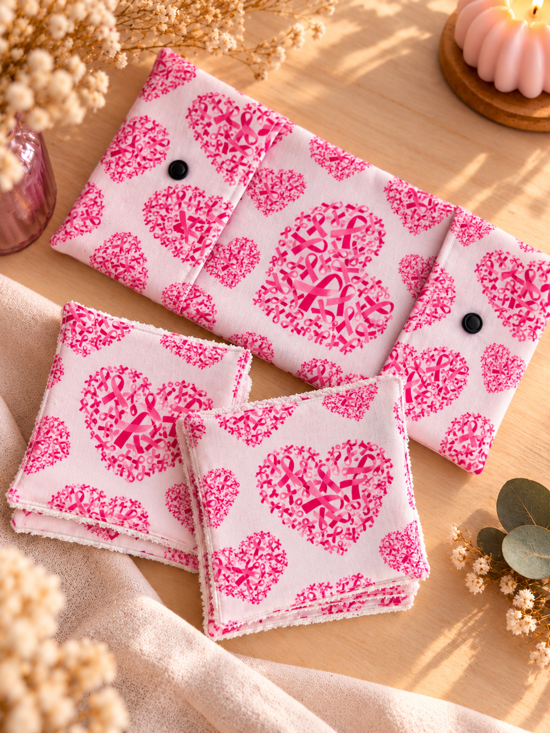 Pochette + 4 cotons lavables - motif cœur ruban