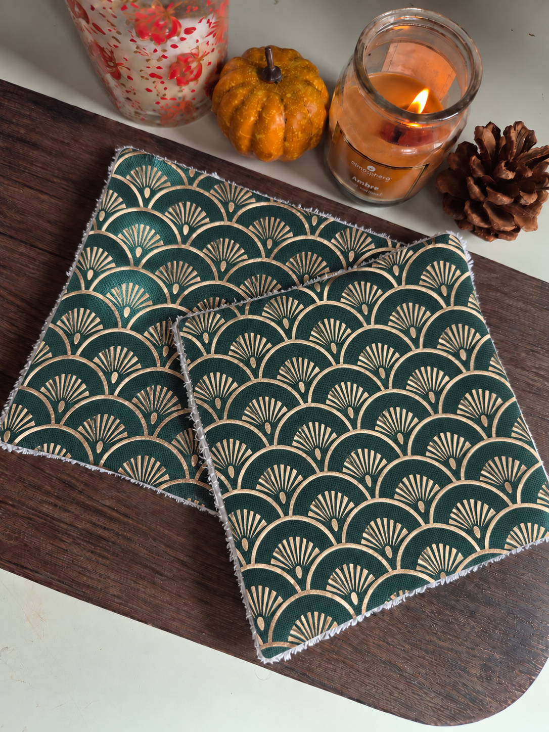 Cotons démaquillants (lot de 2) - motif vert dorée