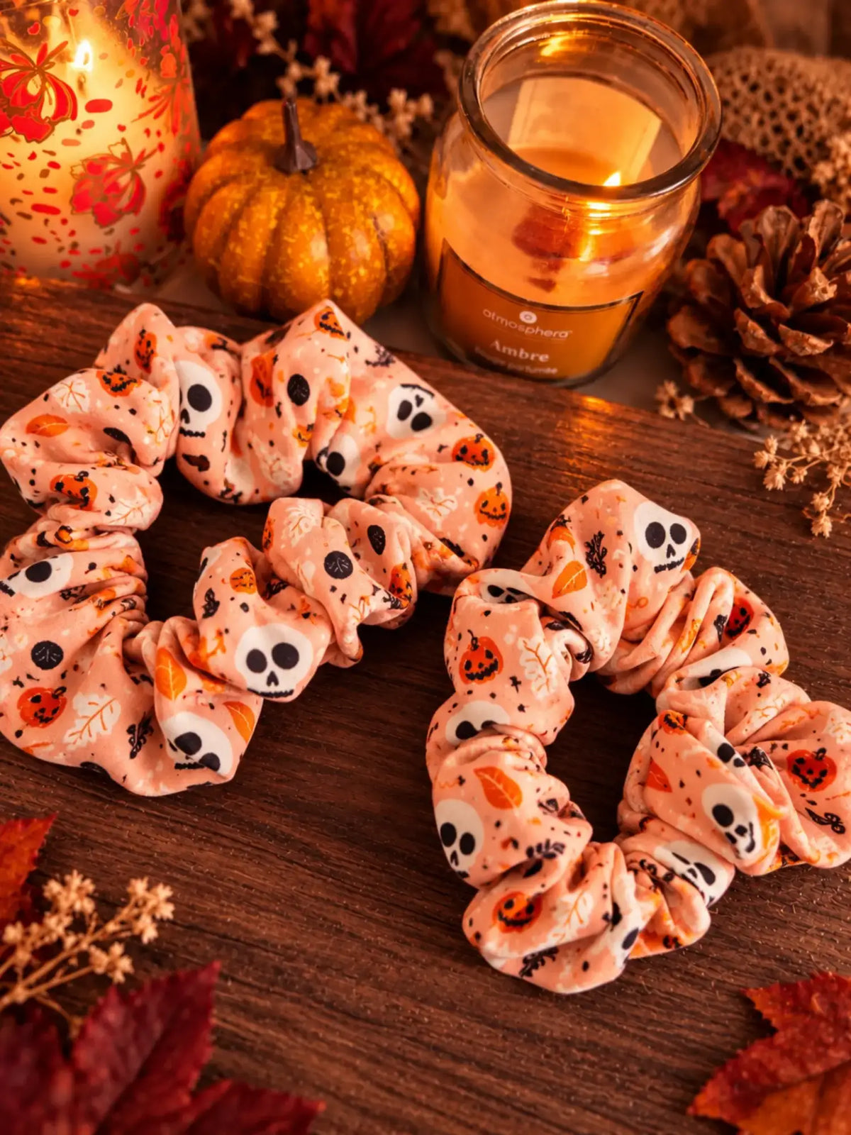 Chouchou Halloween tissu têtes de mort et citrouilles - Amaly Créa